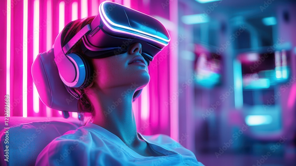 Virtual Reality Therapy. Virtual reality experience with vibrant lighting and headphones. Virtual Reality Therapy. Virtual reality experience with vibrant lighting and headphones.