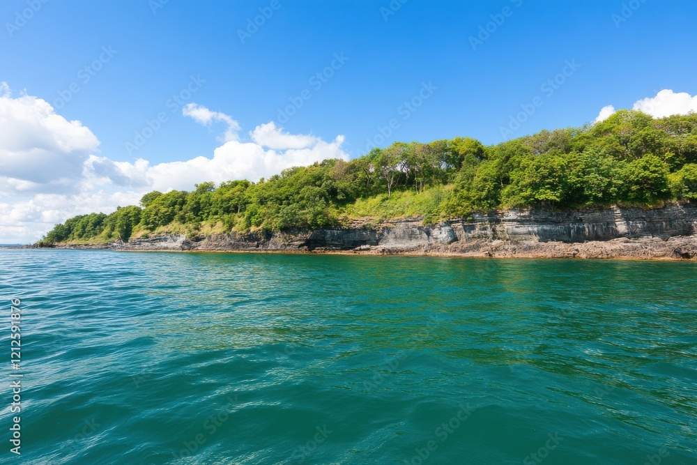 A serene coastal landscape featuring lush greenery, rocky cliffs, and clear blue waters under a bright sky. A serene coastal landscape featuring lush greenery, rocky cliffs, and clear blue waters under a bright sky.