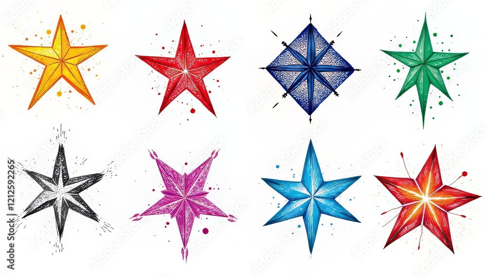 Vibrant star illustrations in various colors and styles, embodying creativity and design. Vibrant star illustrations in various colors and styles, embodying creativity and design.