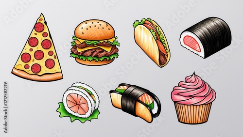 Delicious Fast Food Japanese Cuisine Illustration Pizza Burger Taco Sushi Cupcake photo