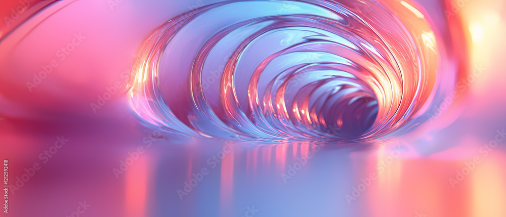 Φωτογραφία An abstract spiral tunnel with glossy glass-like texture in pink and blue gradient colors creating a futuristic portal effect with reflection