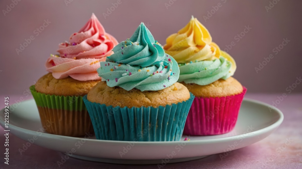 Three colorful cupcakes with swirled frosting and sprinkles on a white plate. Three colorful cupcakes with swirled frosting and sprinkles on a white plate.
