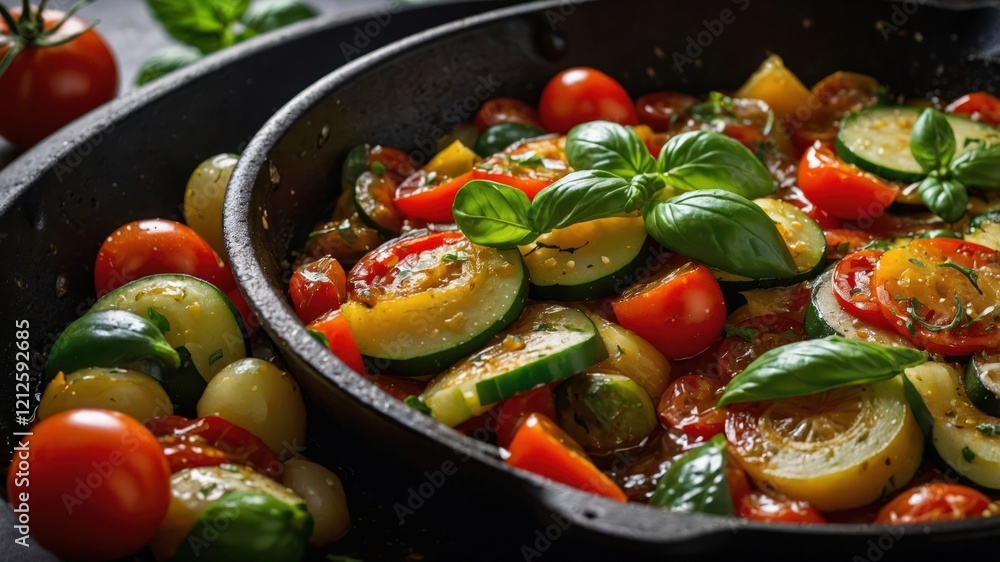 A vibrant vegetable medley featuring tomatoes, zucchini, and basil in a skillet. A vibrant vegetable medley featuring tomatoes, zucchini, and basil in a skillet.