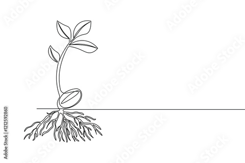 Seed with plant one line art drawing and minimalist style isolate outline vector illustration