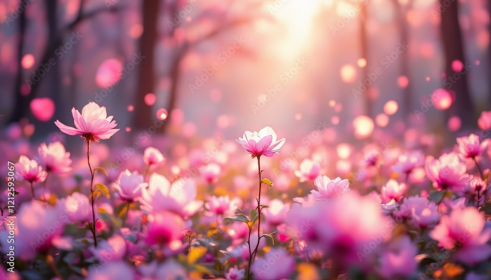 Obraz premium A serene landscape filled with blooming pink flowers during golden hour.
