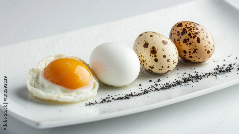 Fried, boiled, and quail eggs with black salt on a plate Fried, boiled, and quail eggs with black salt on a plate