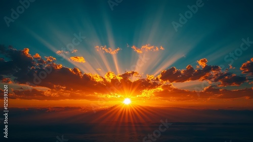 Sunset with vibrant orange and pink clouds over a scenic horizon photo