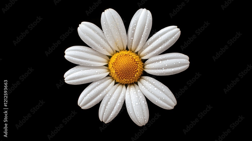 Obraz premium A macro shot of a single daisy with sparkling water droplets on its white petals, highlighting the intricate details and delicate beauty of the flower.