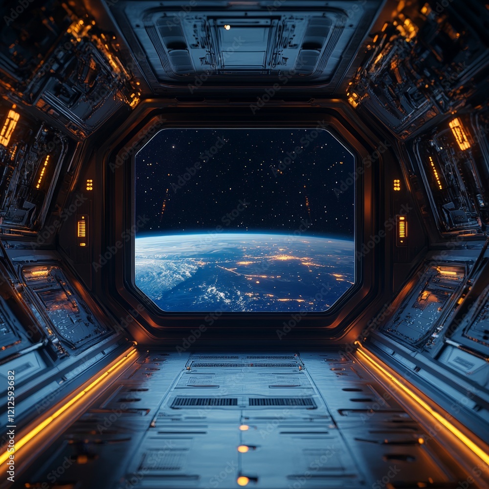 Obraz premium A spaceship interior with a window showing Earth from space, ideal for sci-fi themes, adventure content, and futuristic projects.