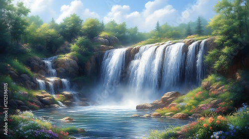 Serene waterfall cascading into a vibrant meadow.