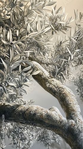 Close-up of an olive tree, focusing on the detailed view of the gnarled trunk and silvery leaves, possibly with dewdrops catching the morning light. photo