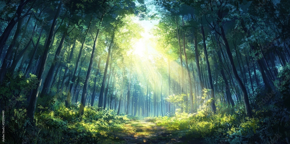 Obraz premium Sunlit Path Through A Lush Green Forest