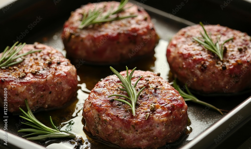 Close-up of Four Rosemary and Spice-Crusted Meat Patties in a Baking Dish Close-up of Four Rosemary and Spice-Crusted Meat Patties in a Baking Dish