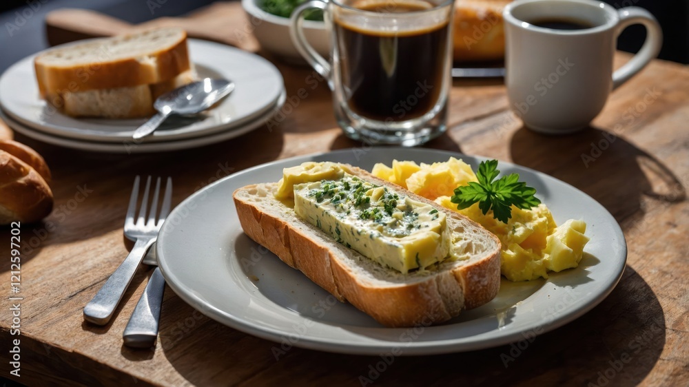 A breakfast spread featuring an egg dish, bread, and coffee. A breakfast spread featuring an egg dish, bread, and coffee.