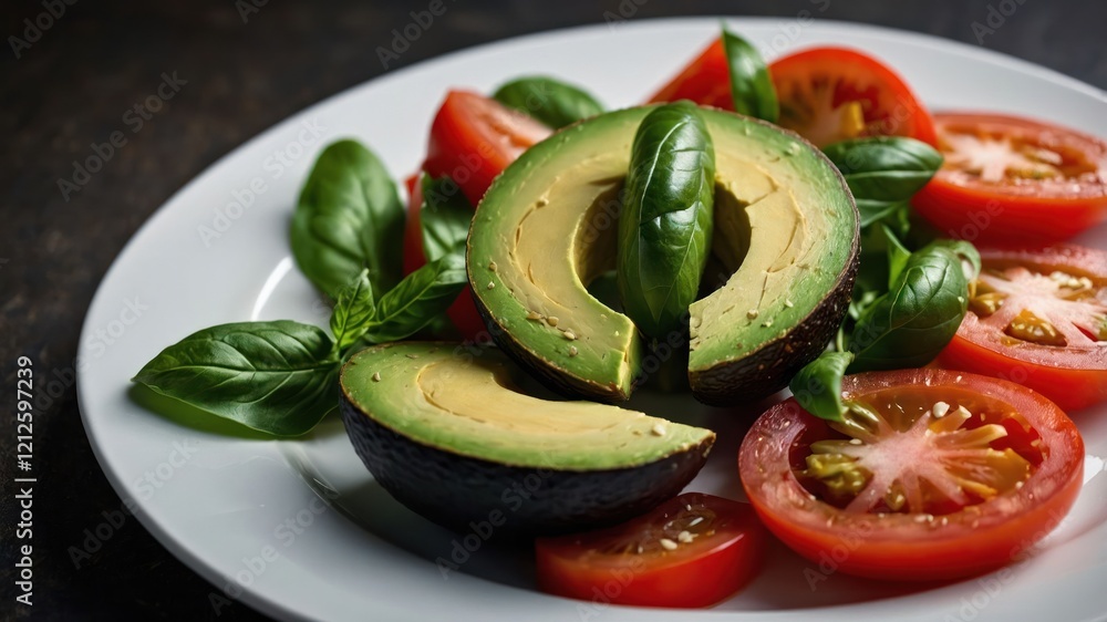 A fresh salad featuring avocado, tomatoes, and basil on a white plate. A fresh salad featuring avocado, tomatoes, and basil on a white plate.