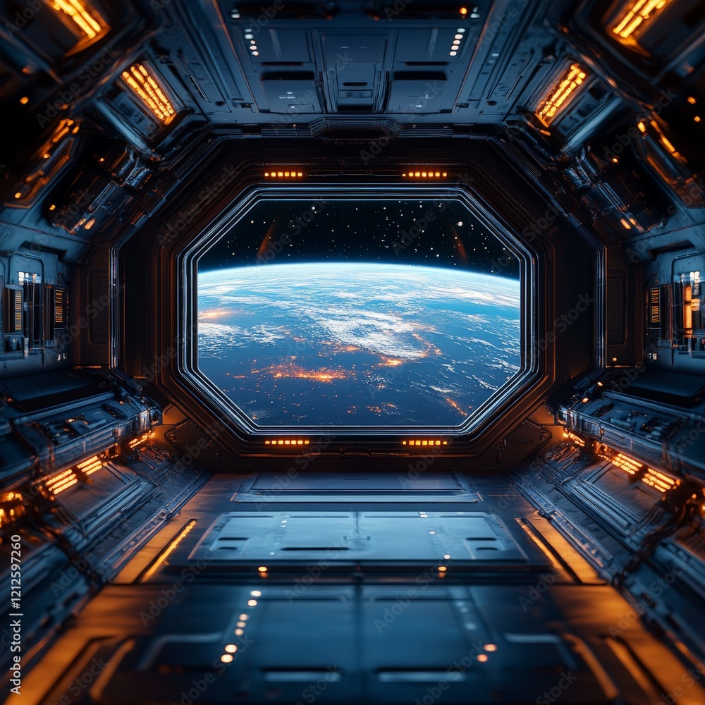 Obraz premium A spaceship interior with a window showing Earth from space, ideal for sci-fi themes, adventure content, and futuristic projects.