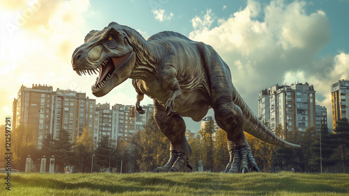 Hypothetical De-Extinction Concept: T-Rex Roaming a City Lawn photo