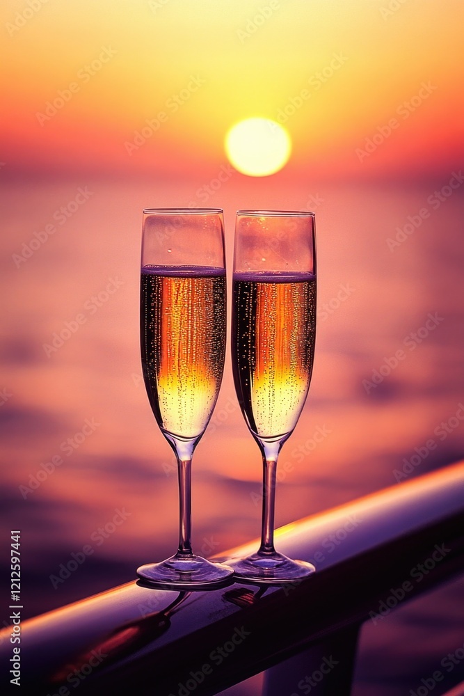 Two champagne flutes sitting on a railing, ready for celebration Two champagne flutes sitting on a railing, ready for celebration