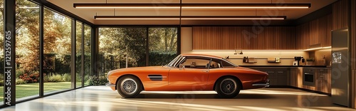An orange vintage car inside a modern garage with a kitchen, large windows, and natural light. Interior design photography, ultra-realistic photography. 