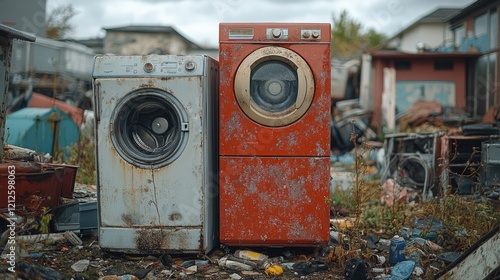 Abandoned washing machine and dryer in a junkyard environment photo