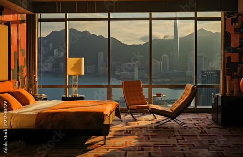 Tidy hotel room with brown curtains