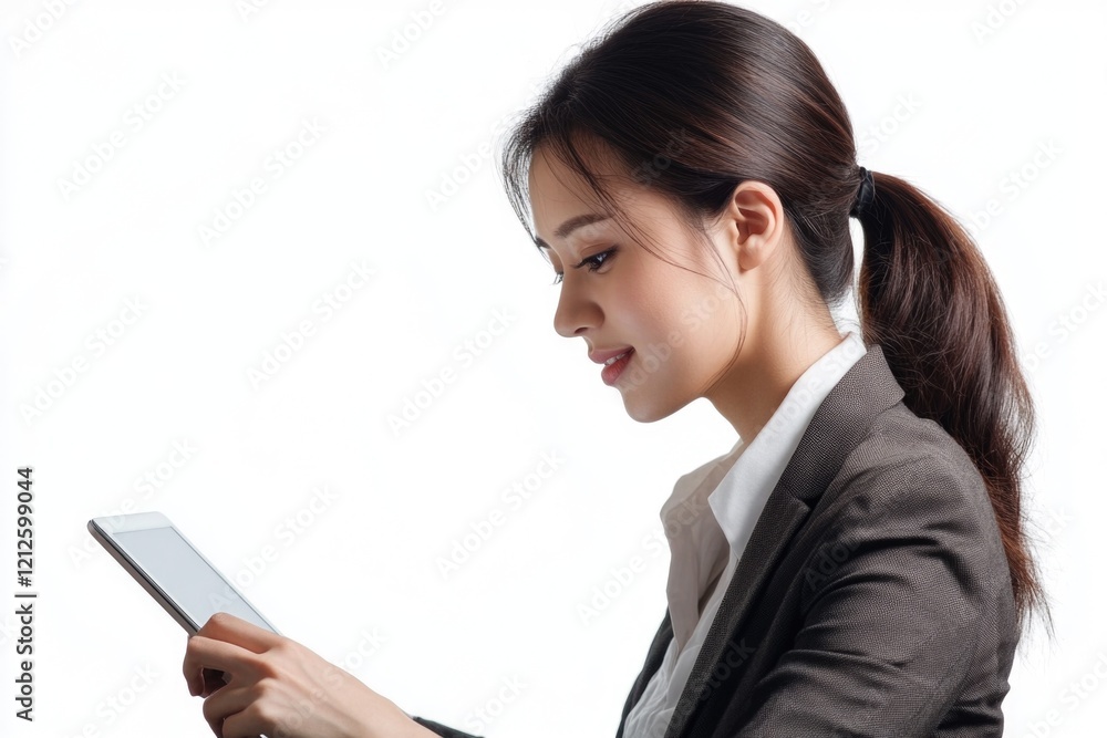A professional woman holds her cell phone, possibly checking messages or making a call A professional woman holds her cell phone, possibly checking messages or making a call