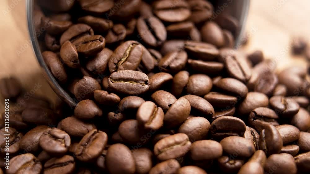 Scattered roasted Arabica coffee beans from a metal cup. Macro shot. Rotation Scattered roasted Arabica coffee beans from a metal cup. Macro shot. Rotation