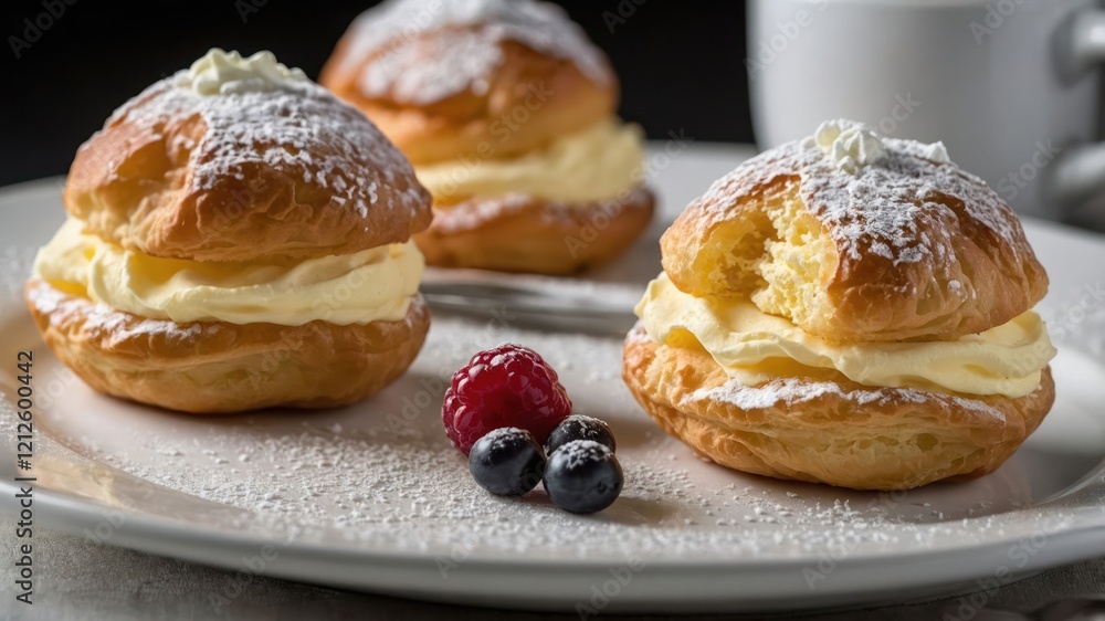 A plate of cream-filled pastries dusted with powdered sugar, garnished with berries. A plate of cream-filled pastries dusted with powdered sugar, garnished with berries.