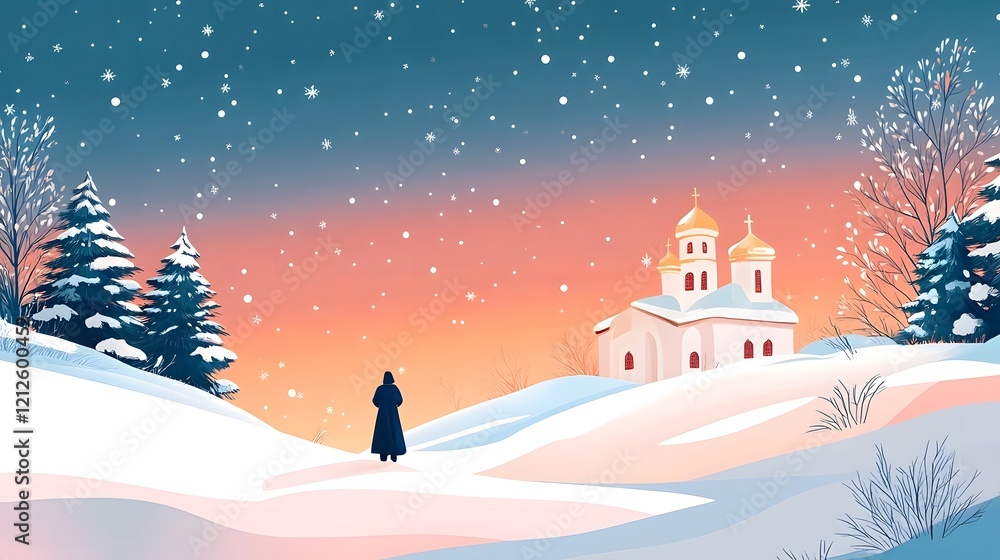 Fototapeta premium Snowy Winter Landscape with Illuminated Orthodox Church Domes at Night