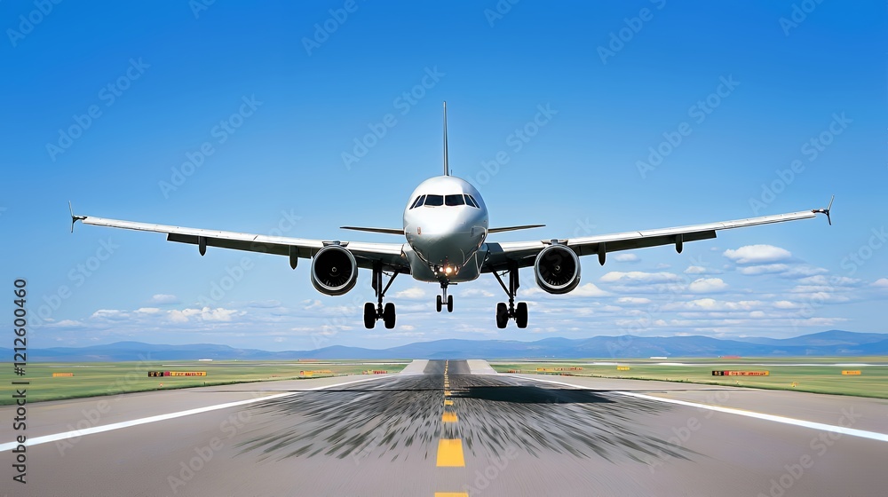 Obraz premium Airplane Landing: A Thrilling Descent onto the Runway