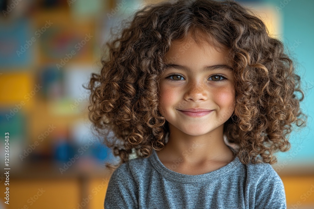 A happy little girl with curly hair looking directly at the camera A happy little girl with curly hair looking directly at the camera