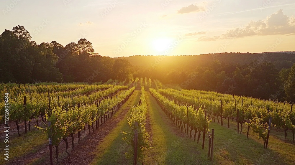 Fototapeta premium A picturesque southern vineyard bathed in soft evening light, with rows of grapevines leading toward a stunning sunset, capturing the essence of wine country.