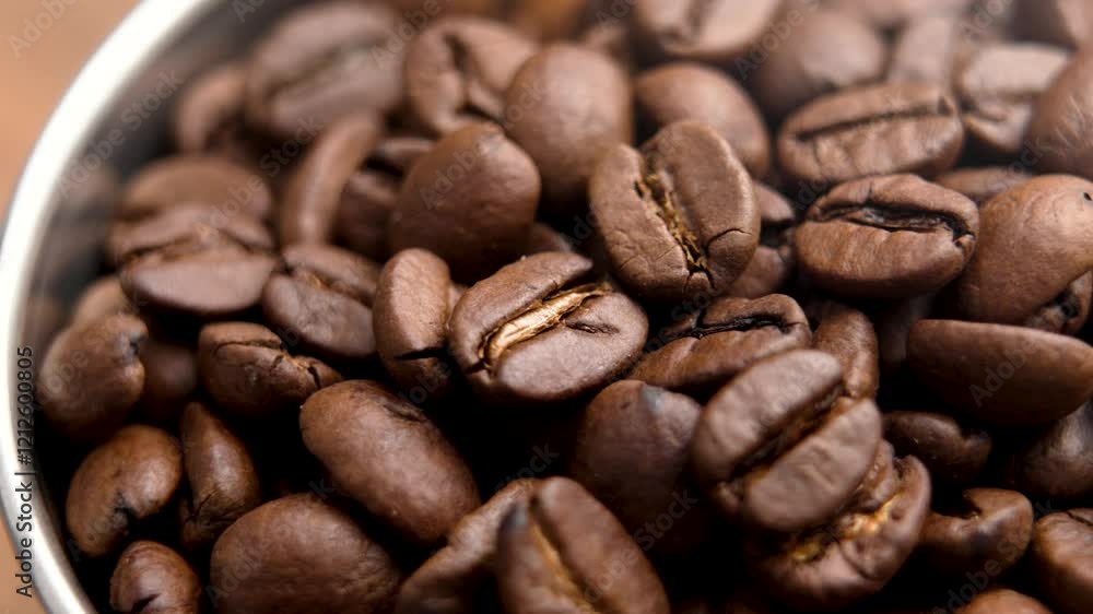 Roasted Arabica coffee beans in a metal cup. Macro shot. Rotation Roasted Arabica coffee beans in a metal cup. Macro shot. Rotation