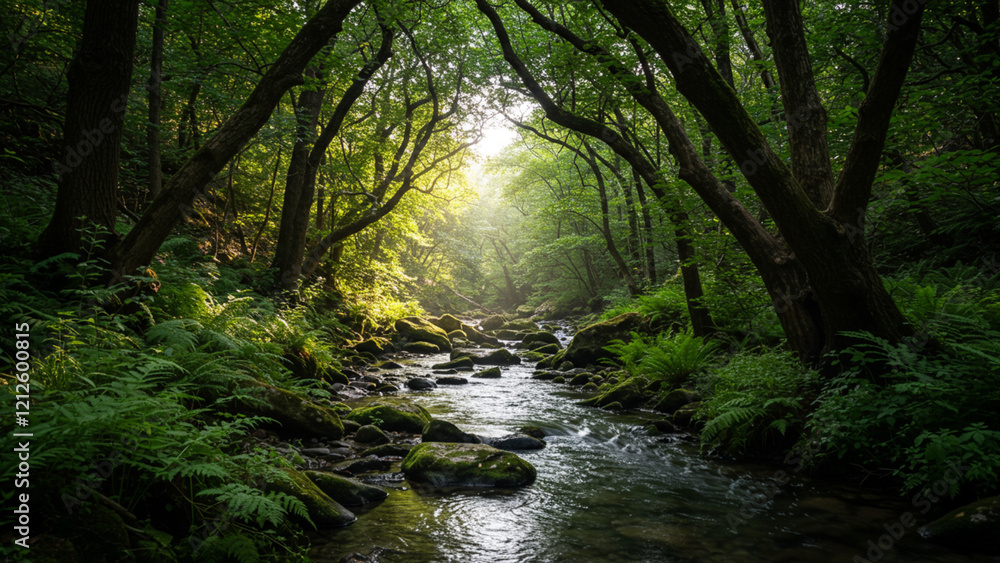 A rugged stream flowing through a pristine woodland A rugged stream flowing through a pristine woodland