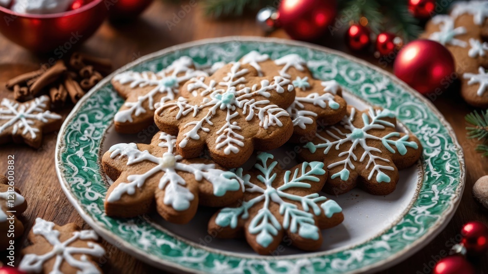 A plate of beautifully decorated snowflake cookies, perfect for festive celebrations. A plate of beautifully decorated snowflake cookies, perfect for festive celebrations.