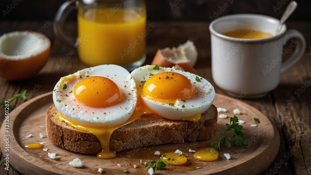 A delicious breakfast featuring poached eggs on toast with orange juice. A delicious breakfast featuring poached eggs on toast with orange juice.