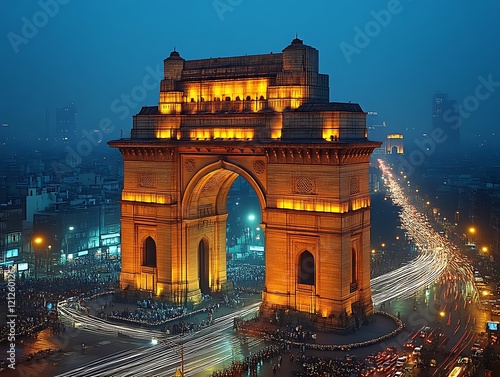 Illuminated India Gate at night with traffic.