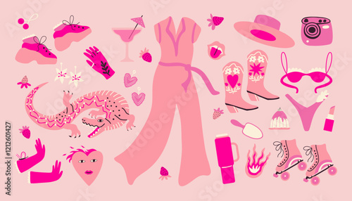 Cartoon barbiecore collection. Pink trendy set with cowboy boots, hat, romper suit and other elements.