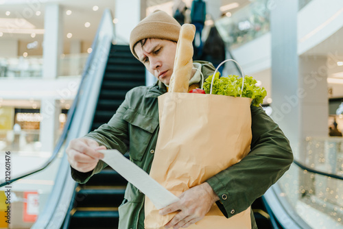 Man carefully reviewing receipts while carrying fresh produce, highlighting inflation impact, prioritizing health, and tracking household budget in public space. photo