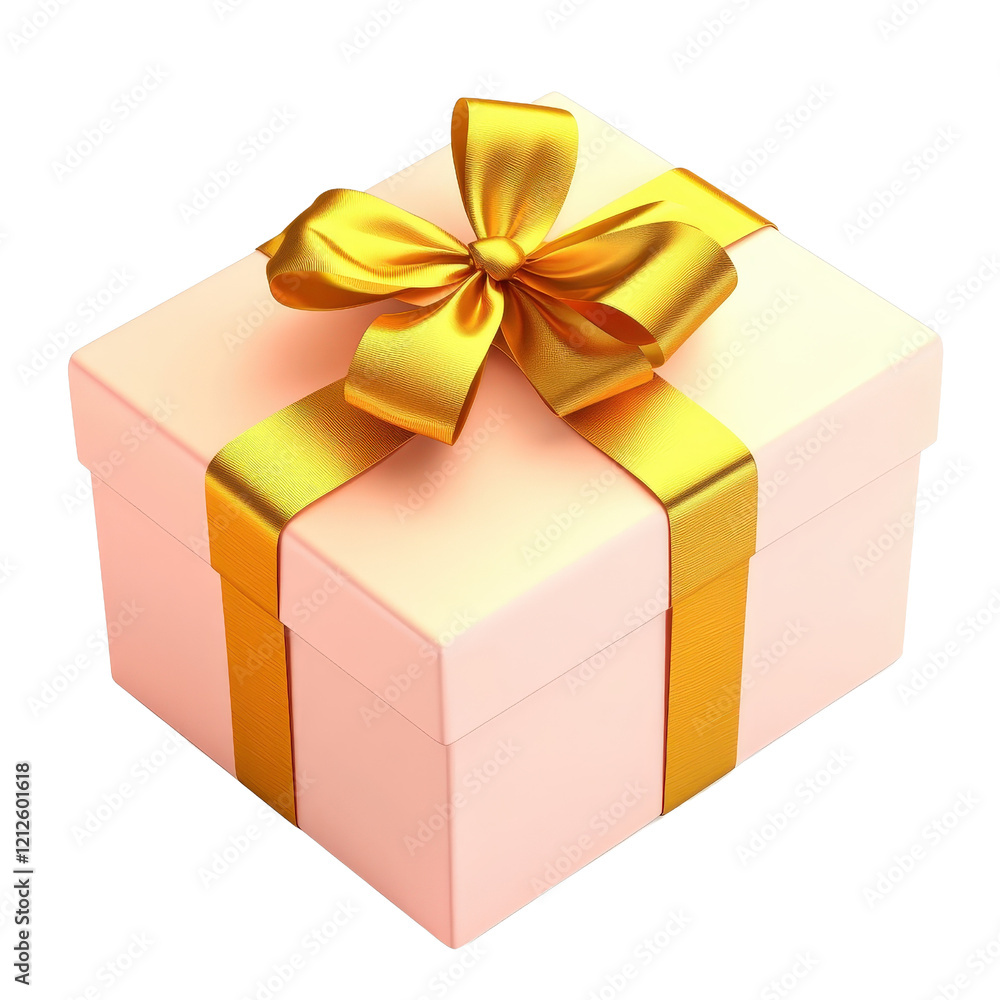Obraz premium Pink gift box with a gold bow on a white background for holiday or celebration presents isolated on transparent background.