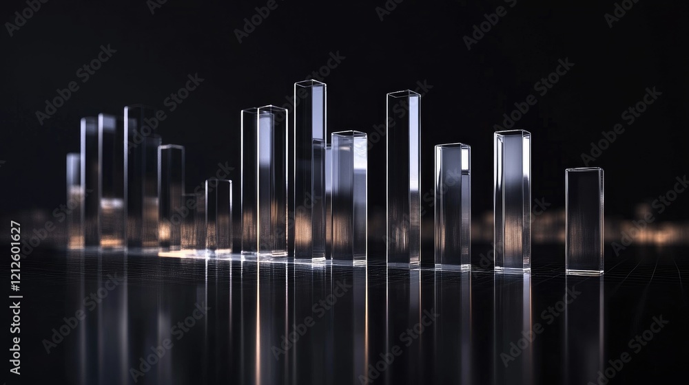 A professional D bar chart with reflective glass bars of varying heights, displayed on a polished black surface, showing financial metrics and trends. A professional D bar chart with reflective glass bars of varying heights, displayed on a polished black surface, showing financial metrics and trends.