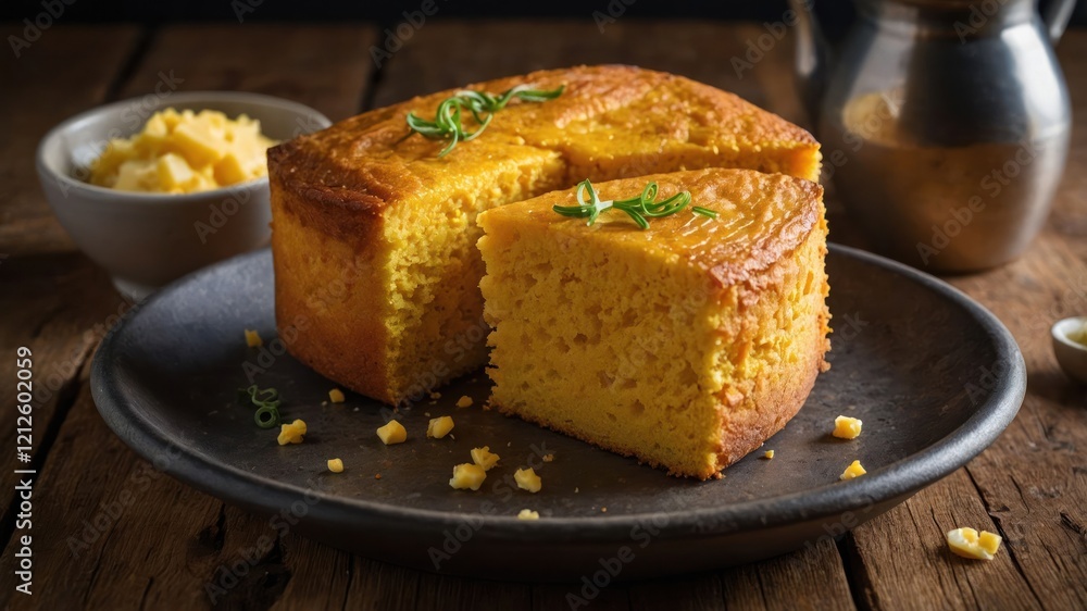 A freshly baked cornbread loaf, sliced and served with butter on a rustic wooden table. A freshly baked cornbread loaf, sliced and served with butter on a rustic wooden table.