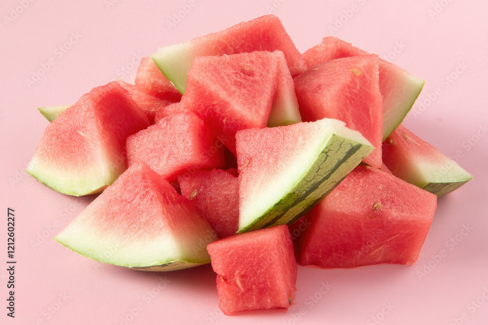 Fresh Sliced Watermelon Pieces on Pink Background Fresh Sliced Watermelon Pieces on Pink Background