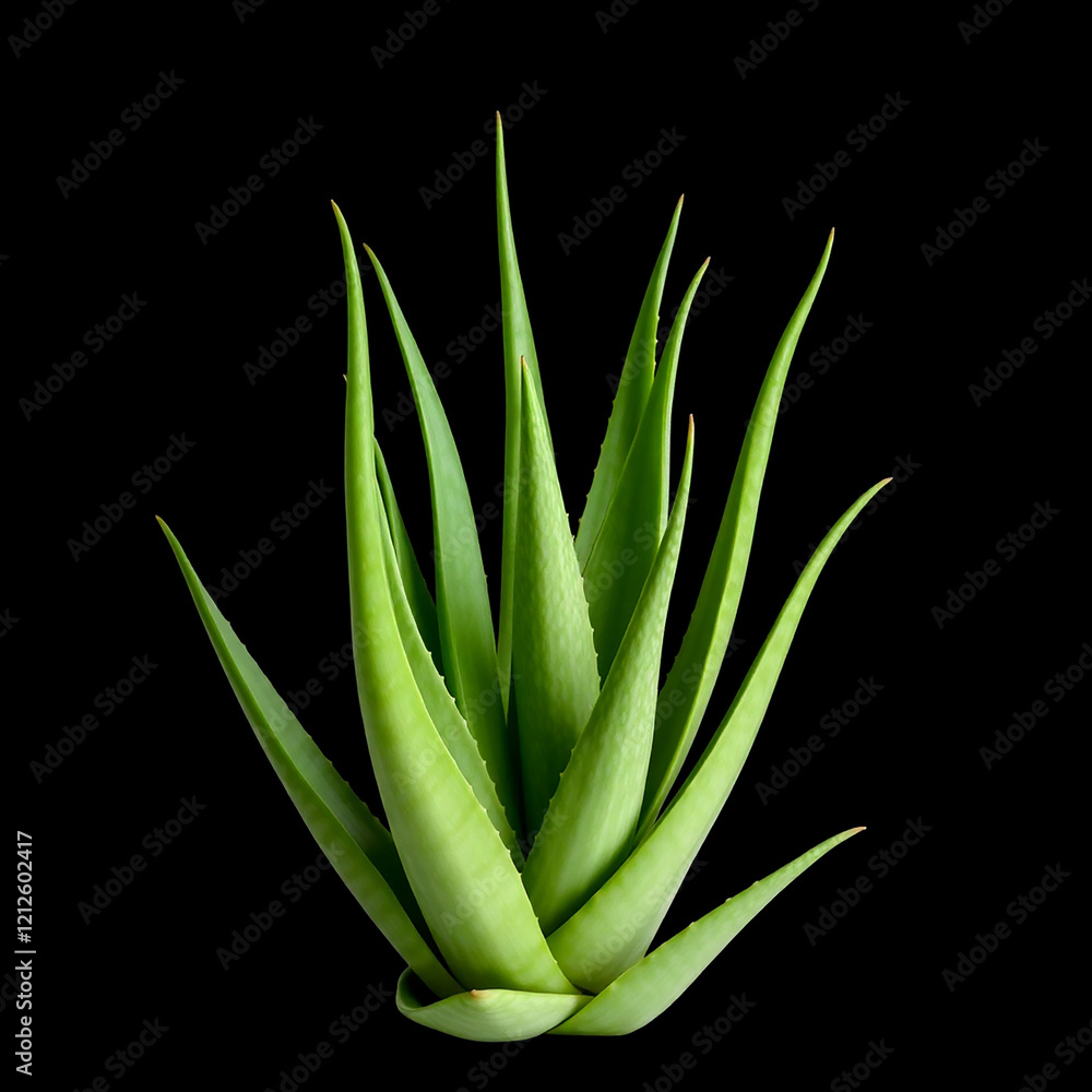 Obraz premium Vibrant Green Aloe Vera Plant Isolated on Black Background