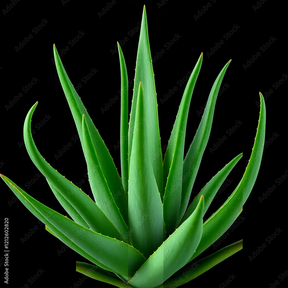 Obraz premium Vibrant Green Aloe Vera Plant Isolated on Black Background