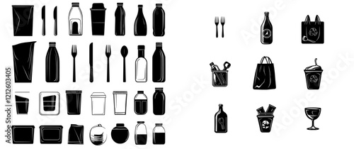 A modern icon set including plastic bags, bottles, cups, and straws in black outline and silhouette form