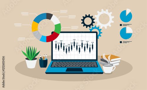 A laptop screen displays a financial chart, surrounded by data visualizations and office supplies, suggesting a workspace dedicated to data analysis and business strategy.