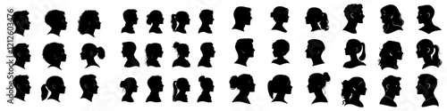 Silhouette avatar collection. Office professional profiles feature anonymous heads of both females and males, represented as portraits using modern icons. Each black persona stands isolated on its