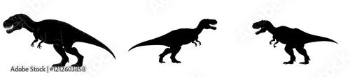 A black silhouette of a monstrous Giganotosaurus dinosaur from the Cretaceous period on a white background