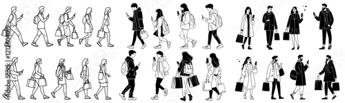 A monochrome modern illustration featuring a collection of men and women in different poses, standing and walking, rendered in a simple line art style. The illustration includes front and side views